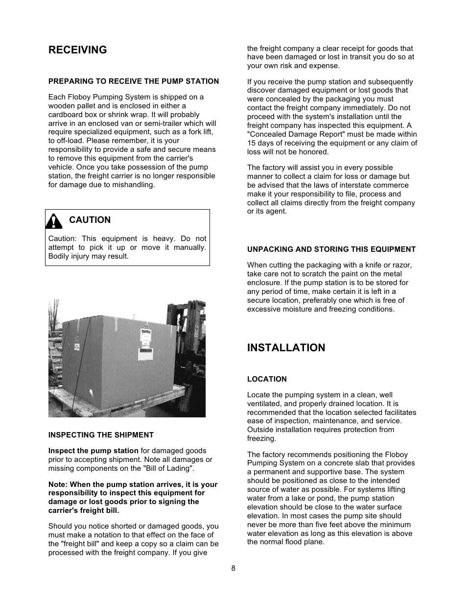 Receiving, Installation | Xylem 19 001 251 R3 Floboy VFD Pumping System User Manual | Page 12 / 40