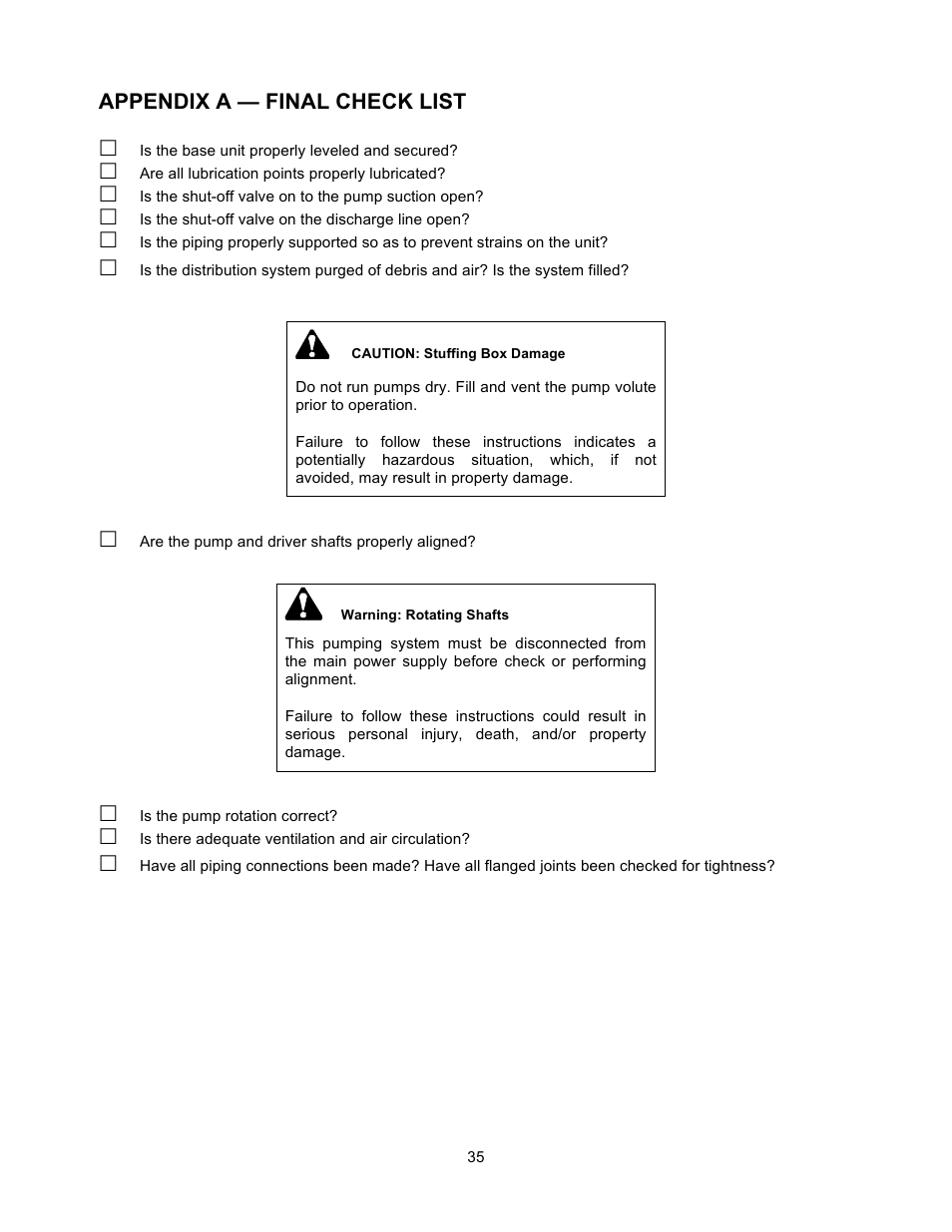 Appendix a — final check list | Xylem 19 001 251 R3 Floboy VFD Pumping System User Manual | Page 39 / 40