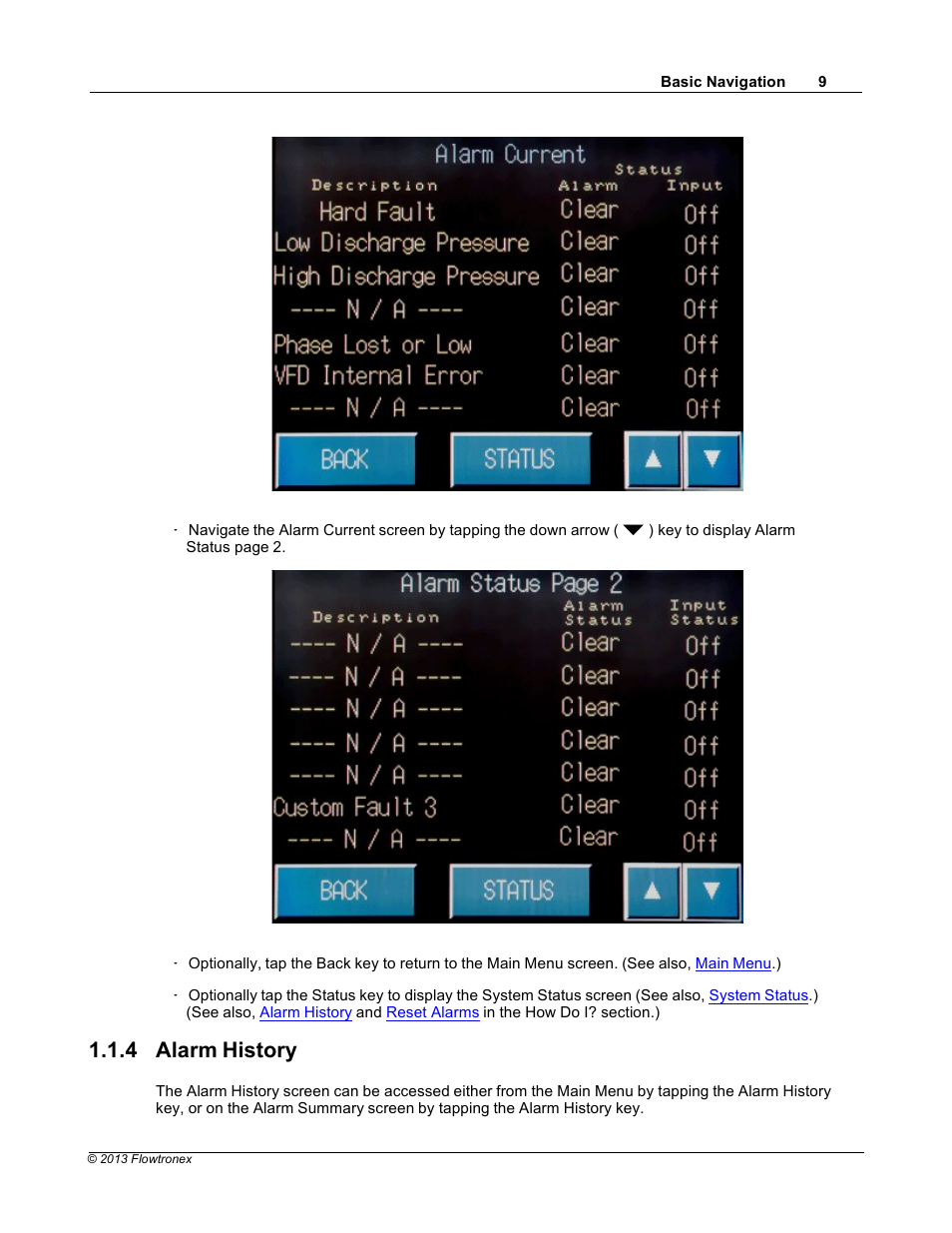 4 alarm history | Xylem 19 001 300 R2 Silent Storm VFD Pumping System OMRON Touch Screen Display Manual User Manual | Page 13 / 162