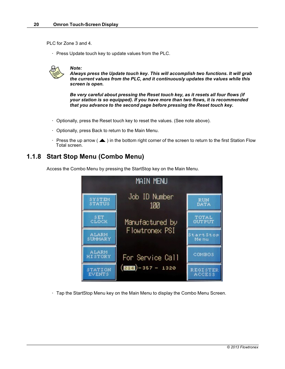 8 start stop menu (combo menu) | Xylem 19 001 300 R2 Silent Storm VFD Pumping System OMRON Touch Screen Display Manual User Manual | Page 24 / 162