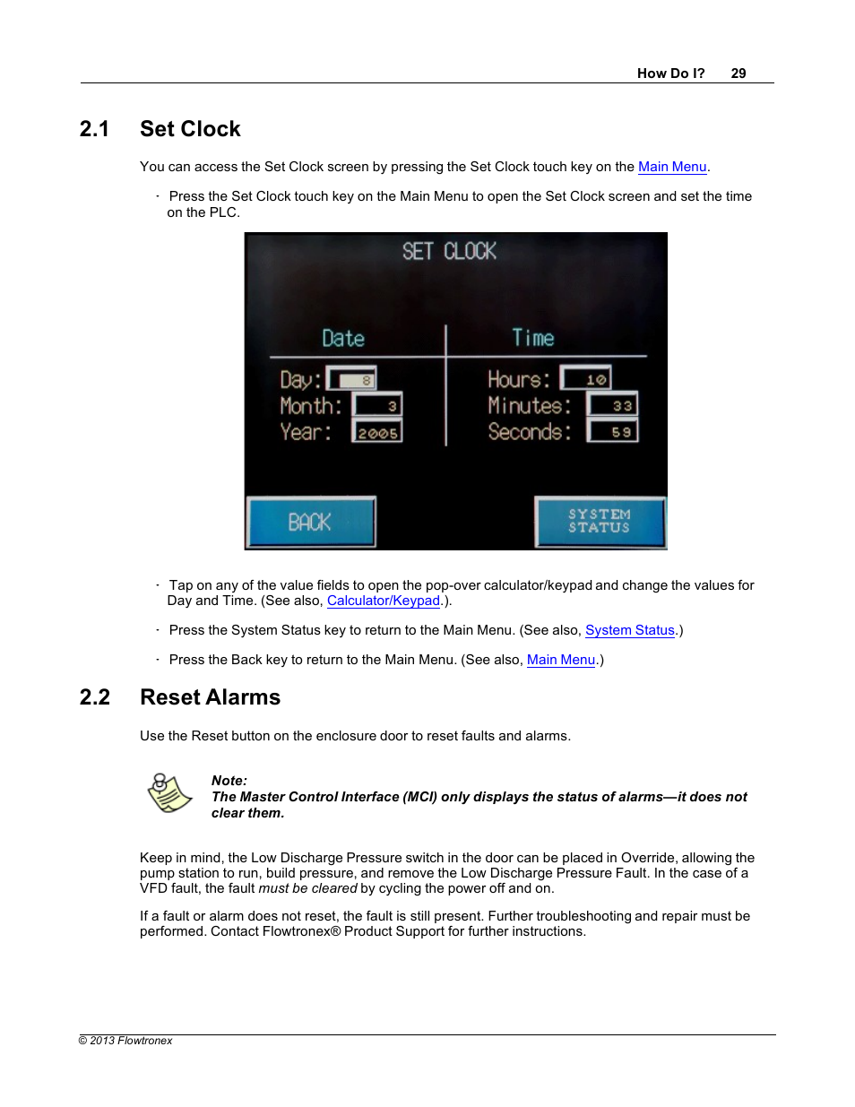 1 set clock, 2 reset alarms | Xylem 19 001 300 R2 Silent Storm VFD Pumping System OMRON Touch Screen Display Manual User Manual | Page 33 / 162