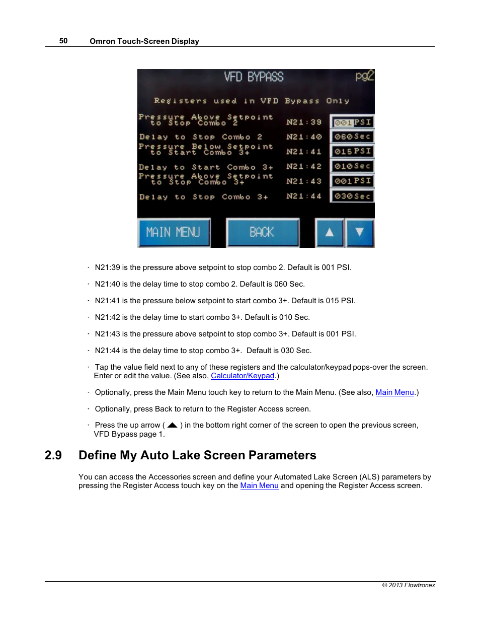 9 define my auto lake screen parameters | Xylem 19 001 300 R2 Silent Storm VFD Pumping System OMRON Touch Screen Display Manual User Manual | Page 54 / 162