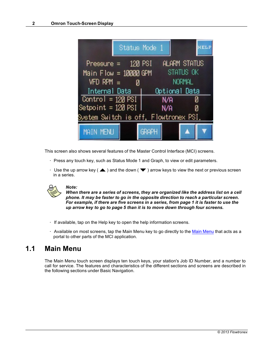 1 main menu | Xylem 19 001 300 R2 Silent Storm VFD Pumping System OMRON Touch Screen Display Manual User Manual | Page 6 / 162