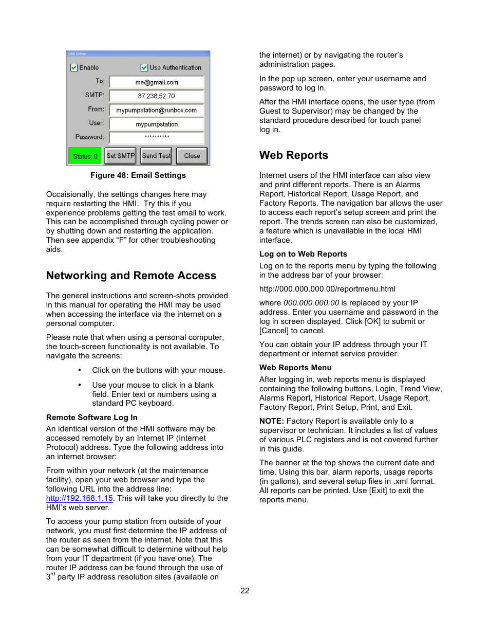 Networking and remote access, Web reports | Xylem 19 001 351R2 PACE Integrated Pump Controller Human Machine Interface (HMI) for the Silent Storm VFD Pumping System – User Guide User Manual | Page 22 / 28