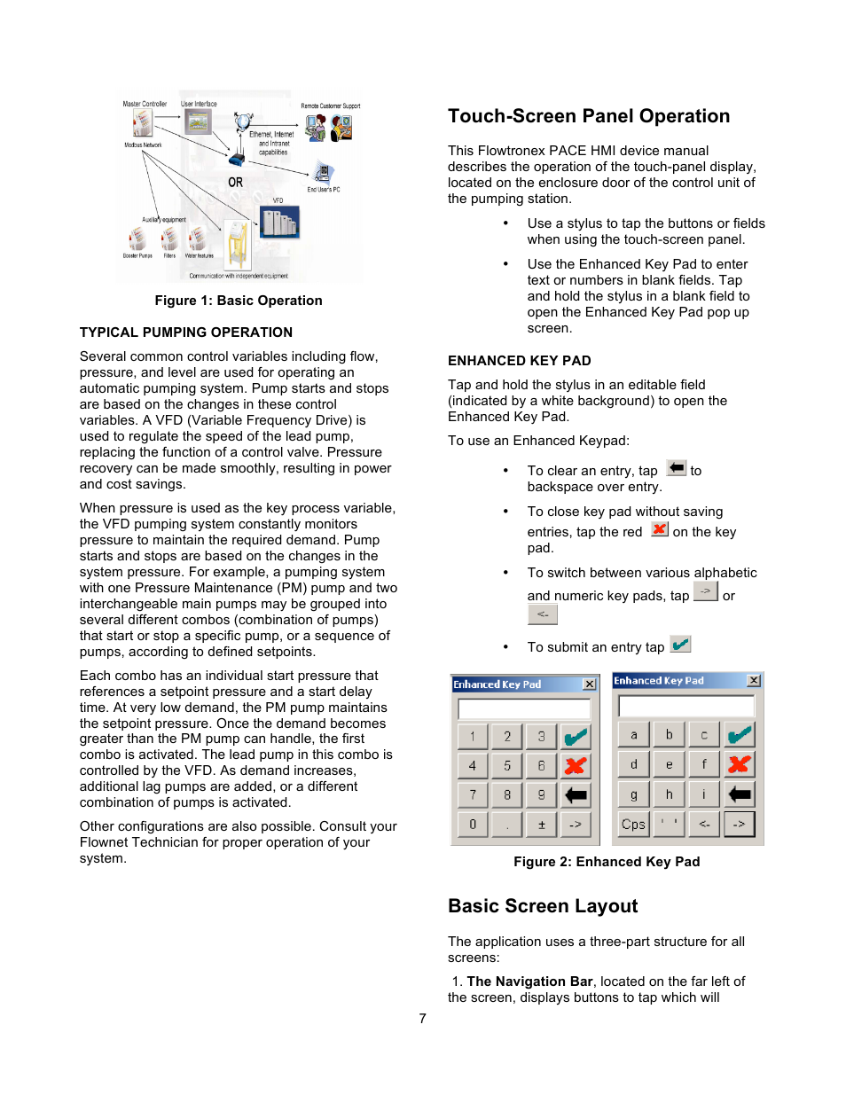 Touch-screen panel operation, Basic screen layout | Xylem 19 001 351R2 PACE Integrated Pump Controller Human Machine Interface (HMI) for the Silent Storm VFD Pumping System – User Guide User Manual | Page 7 / 28