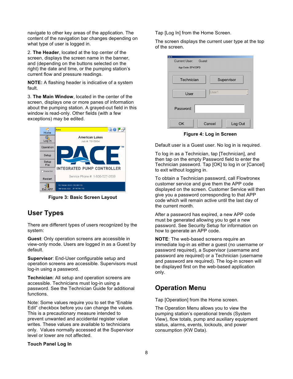 User types, Operation menu | Xylem 19 001 351R2 PACE Integrated Pump Controller Human Machine Interface (HMI) for the Silent Storm VFD Pumping System – User Guide User Manual | Page 8 / 28