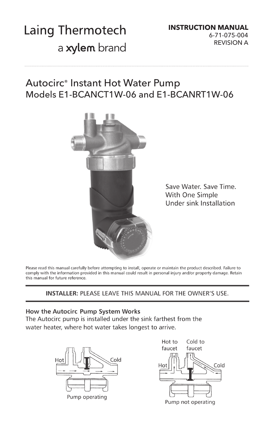 Xylem 6 71 075 004A Autocirc Instant Hot Water Pump E1 BCANRT1W 06 User Manual | 8 pages