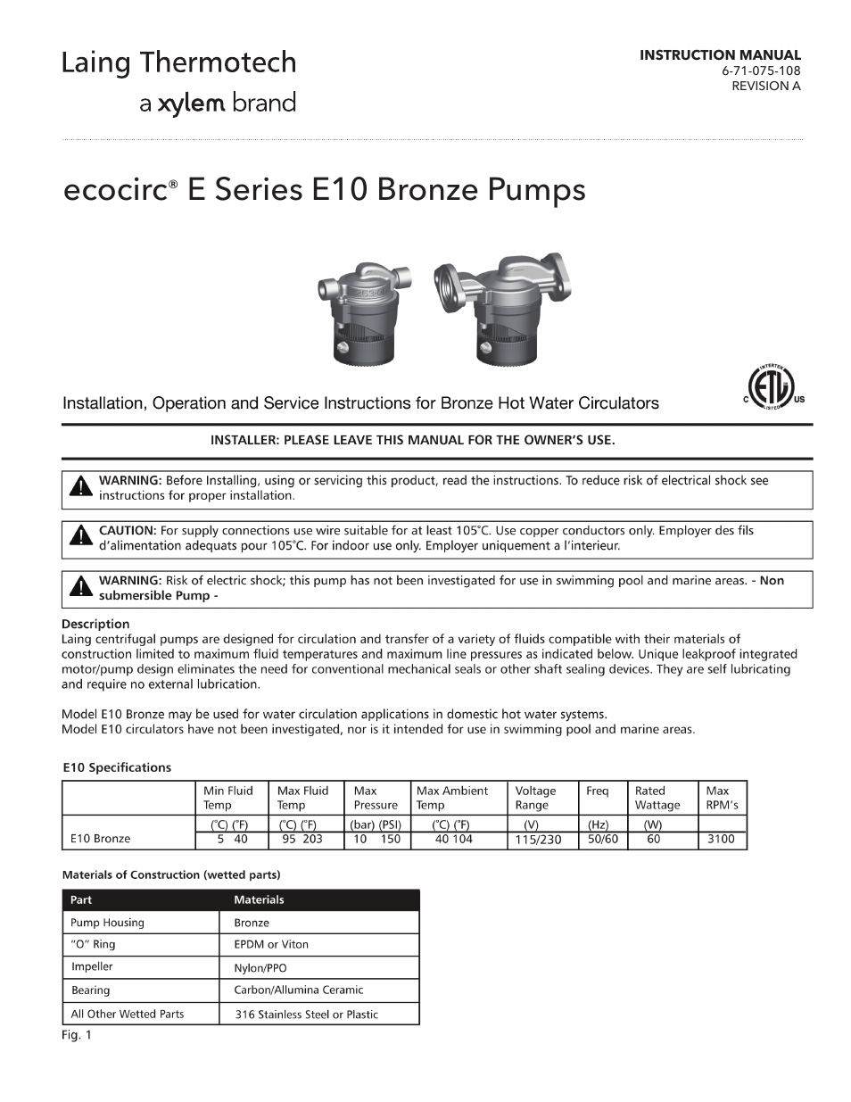 Xylem 6 71 075 108A ecocirc E Series E10 Bronze Pumps User Manual | 4 pages