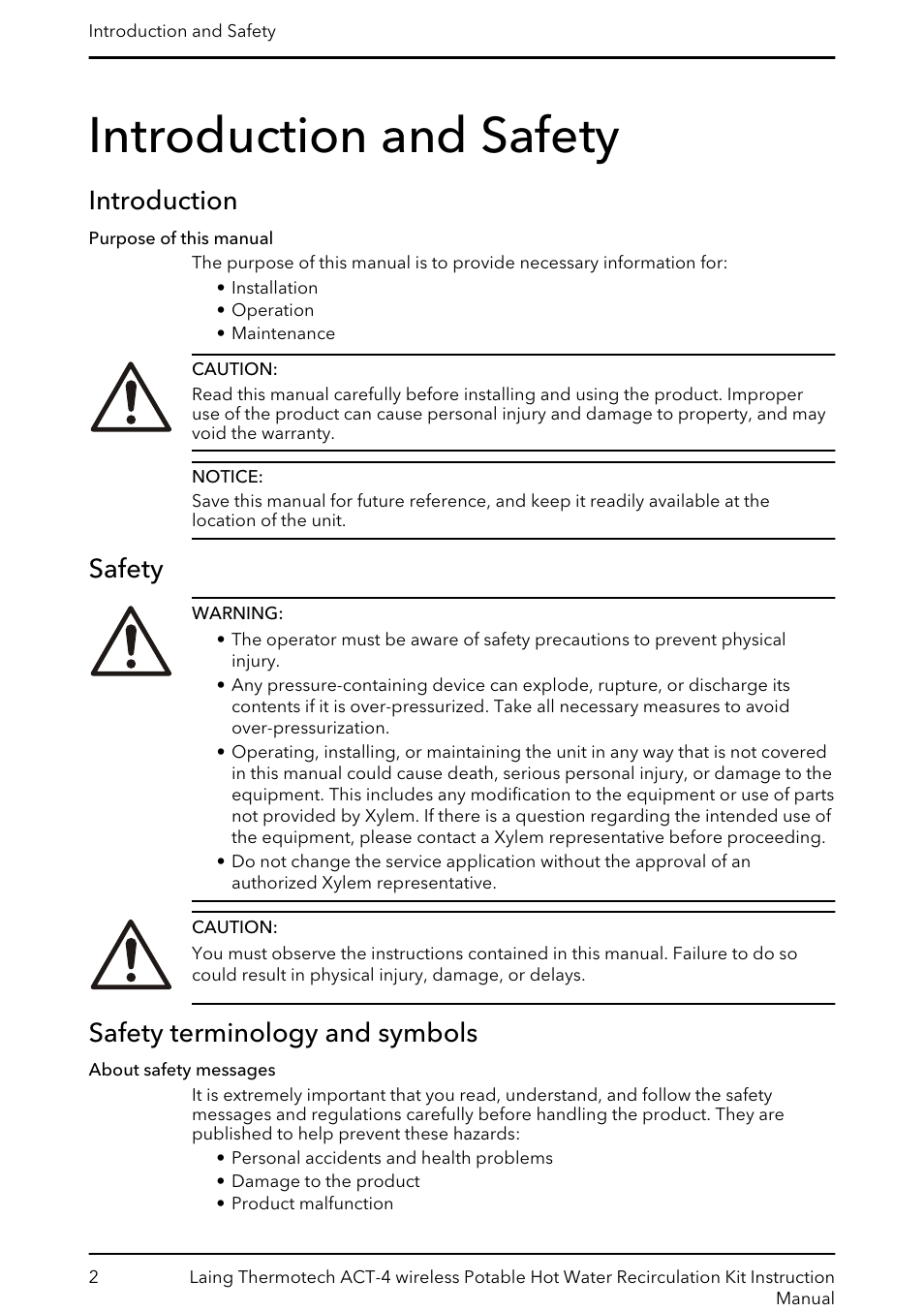 Introduction and safety, Introduction, Safety | Safety terminology and symbols, Introduction safety | Xylem 6 71 075 145B ACT-4 Potable Hot Water Recirculating Systems User Manual | Page 4 / 28