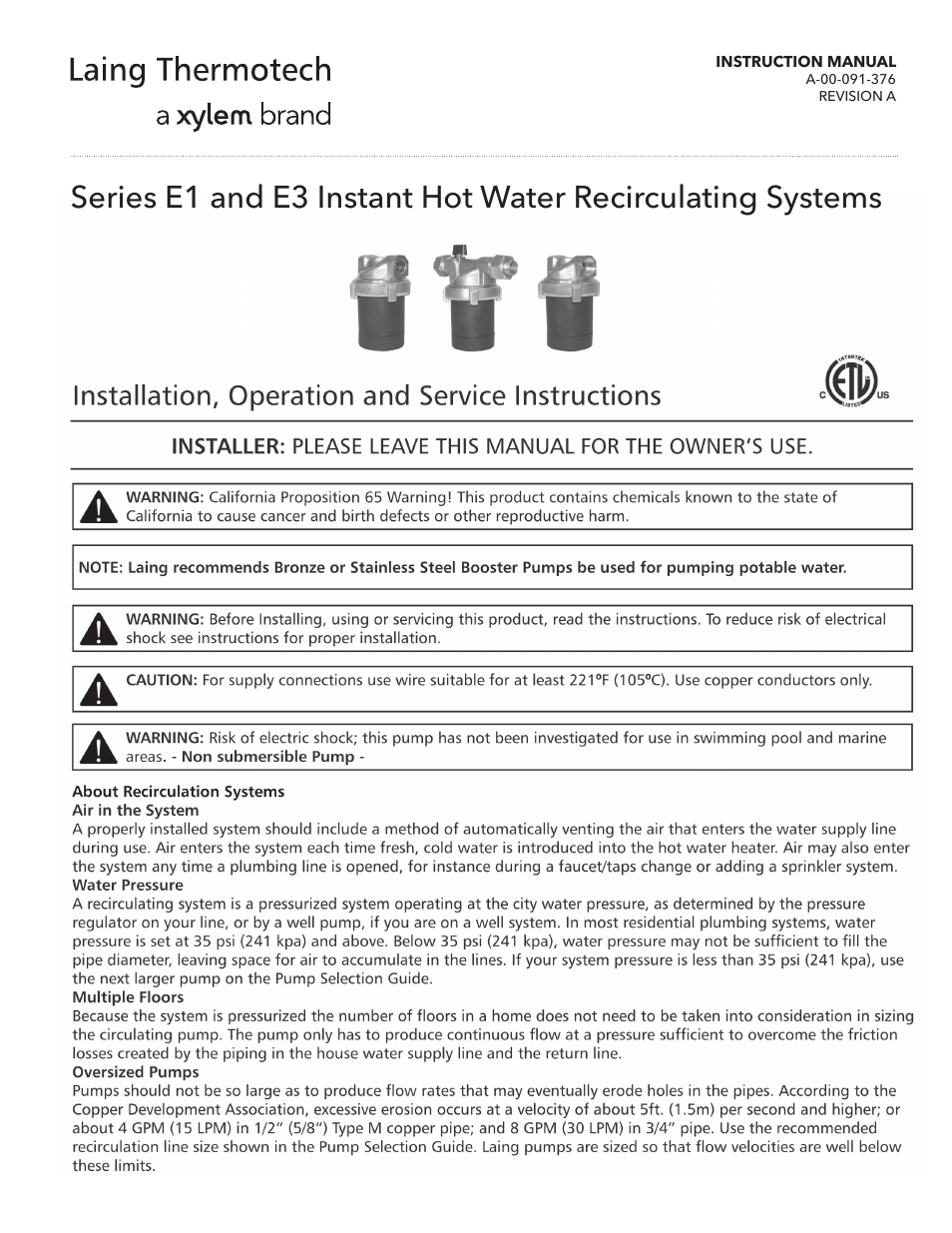 Xylem A 00 091 376A Series E1 and E3 Instant Hot Water Recirculating Systems User Manual | 6 pages