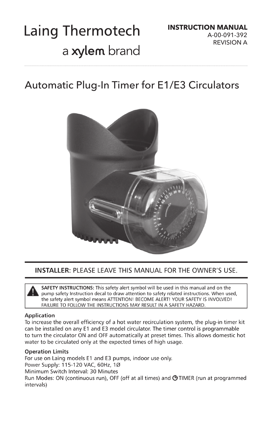 Xylem A 00 091 392A Automatic Plug-In Timer for E1_E3 Circulators User Manual | 2 pages