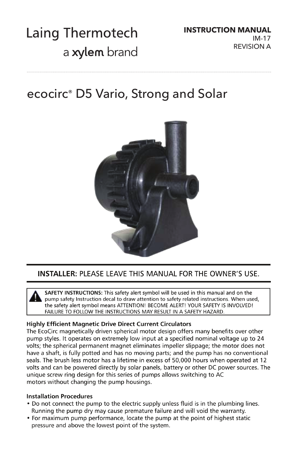 Xylem IM 17A ecocirc D5 Vario, Strong and Solar User Manual | 4 pages