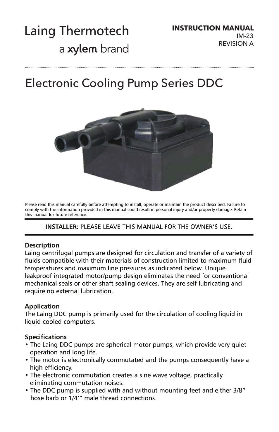 Xylem IM 23A Electronic Cooling Pump Series DDC User Manual | 4 pages