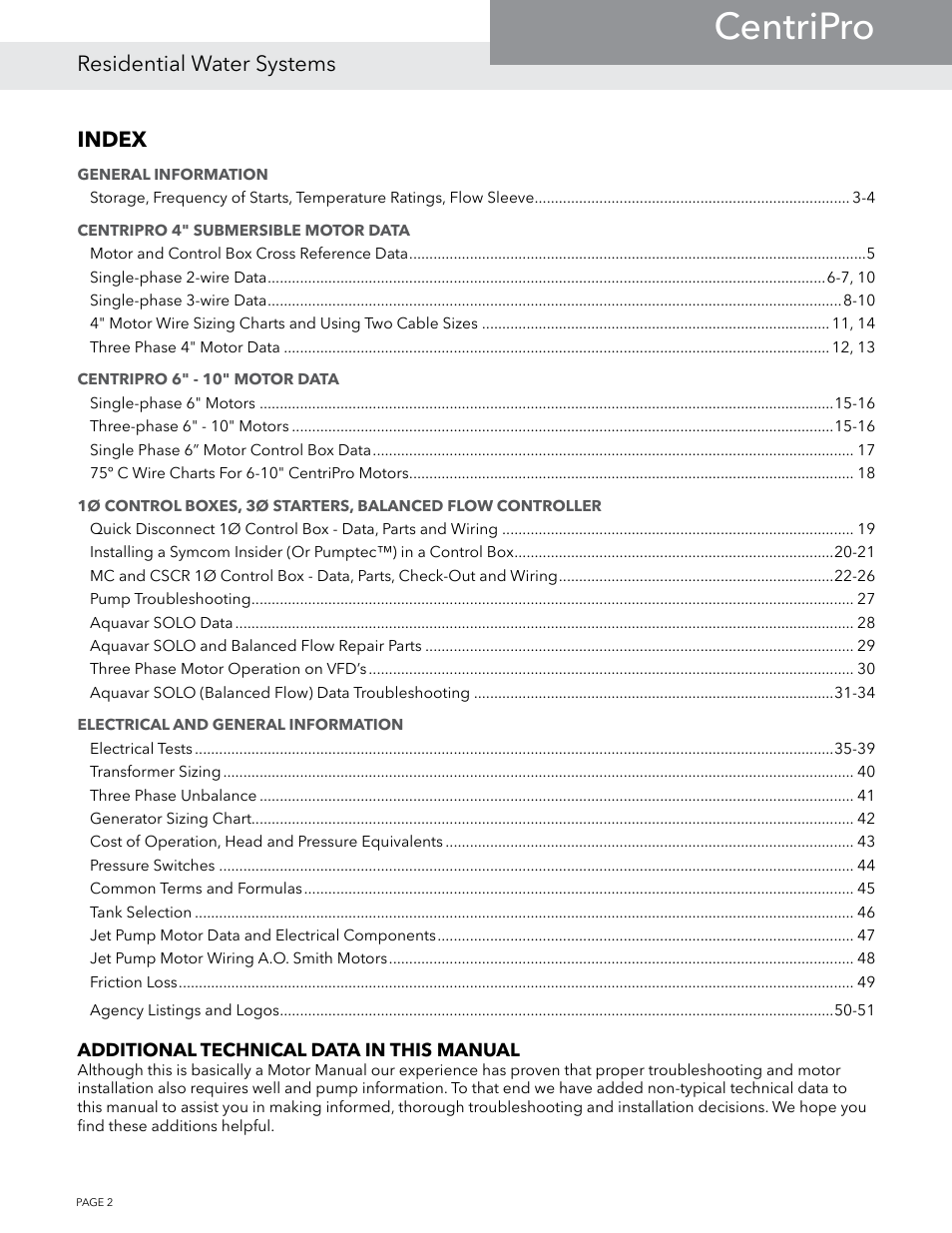 Centripro, Residential water systems, Index | Xylem BMAID R4 User Manual | Page 2 / 52