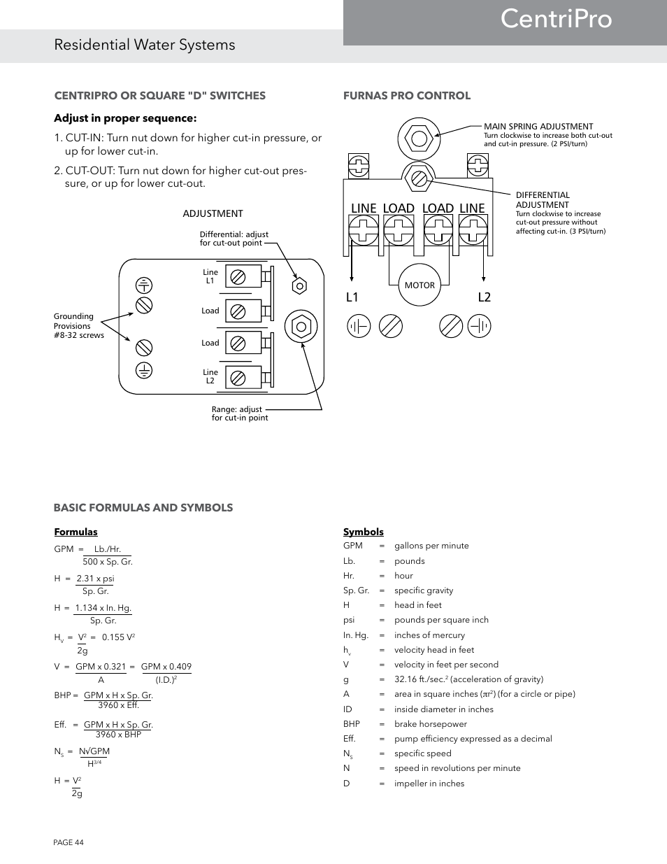 Centripro, Residential water systems, Line load load line | L1 l2 | Xylem BMAID R4 User Manual | Page 44 / 52
