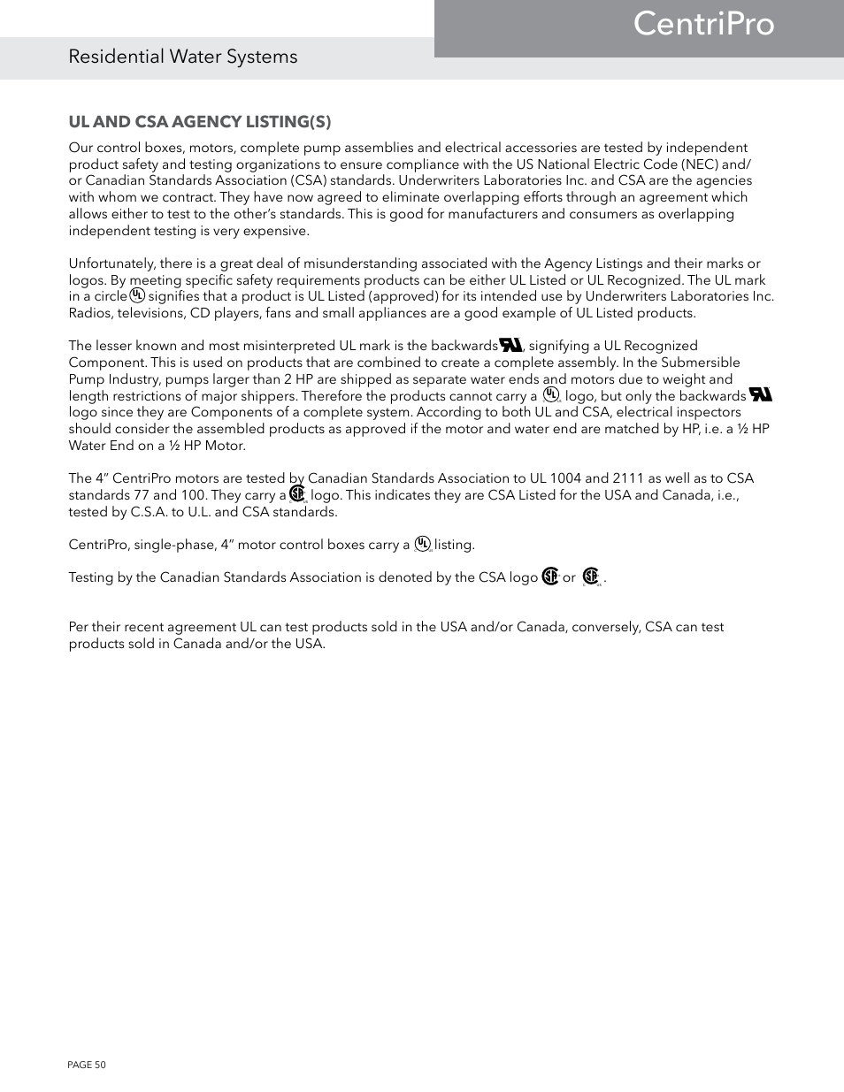 Centripro, Residential water systems, Ul and csa agency listing(s) | Xylem BMAID R4 User Manual | Page 50 / 52