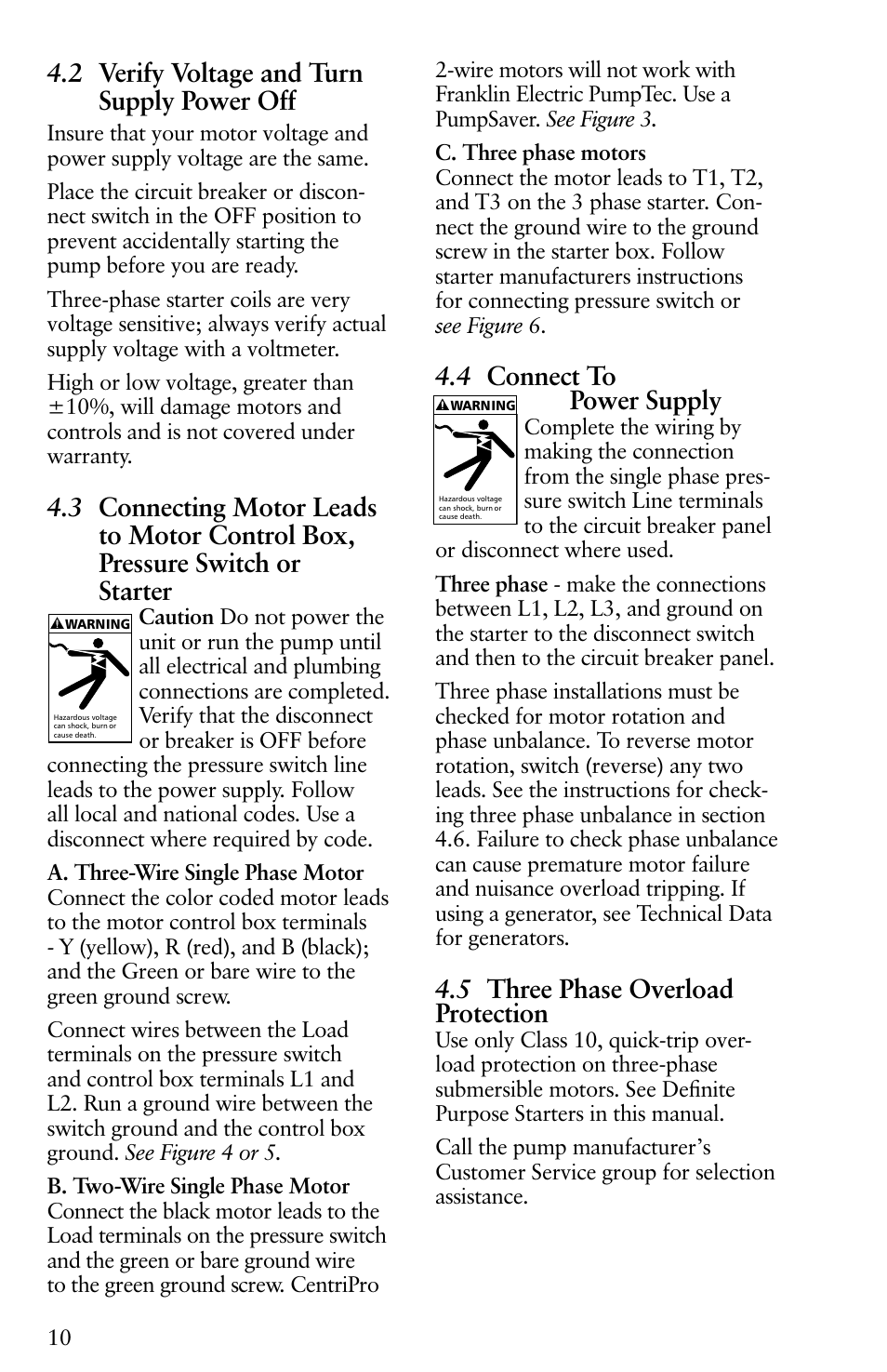 2 verify voltage and turn supply power off, 4 connect to power supply, 5 three phase overload protection | Xylem IM116 R04 4 Submersible Pumps User Manual | Page 10 / 68