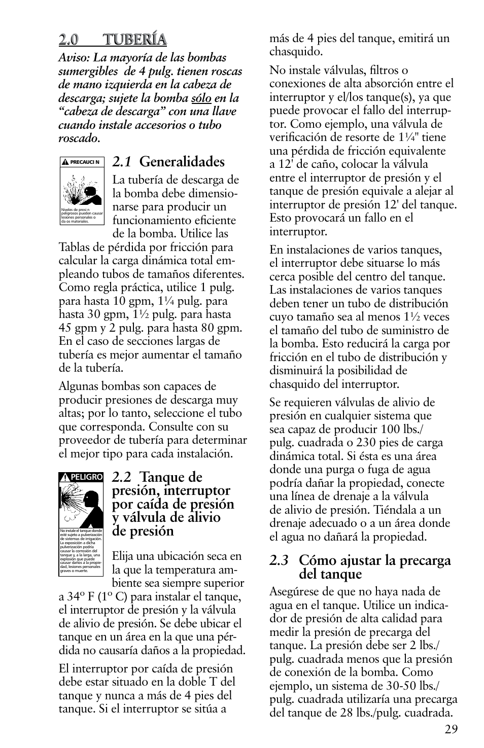 0 tubería, 1 generalidades, 3 cómo ajustar la precarga del tanque | Xylem IM116 R04 4 Submersible Pumps User Manual | Page 29 / 68