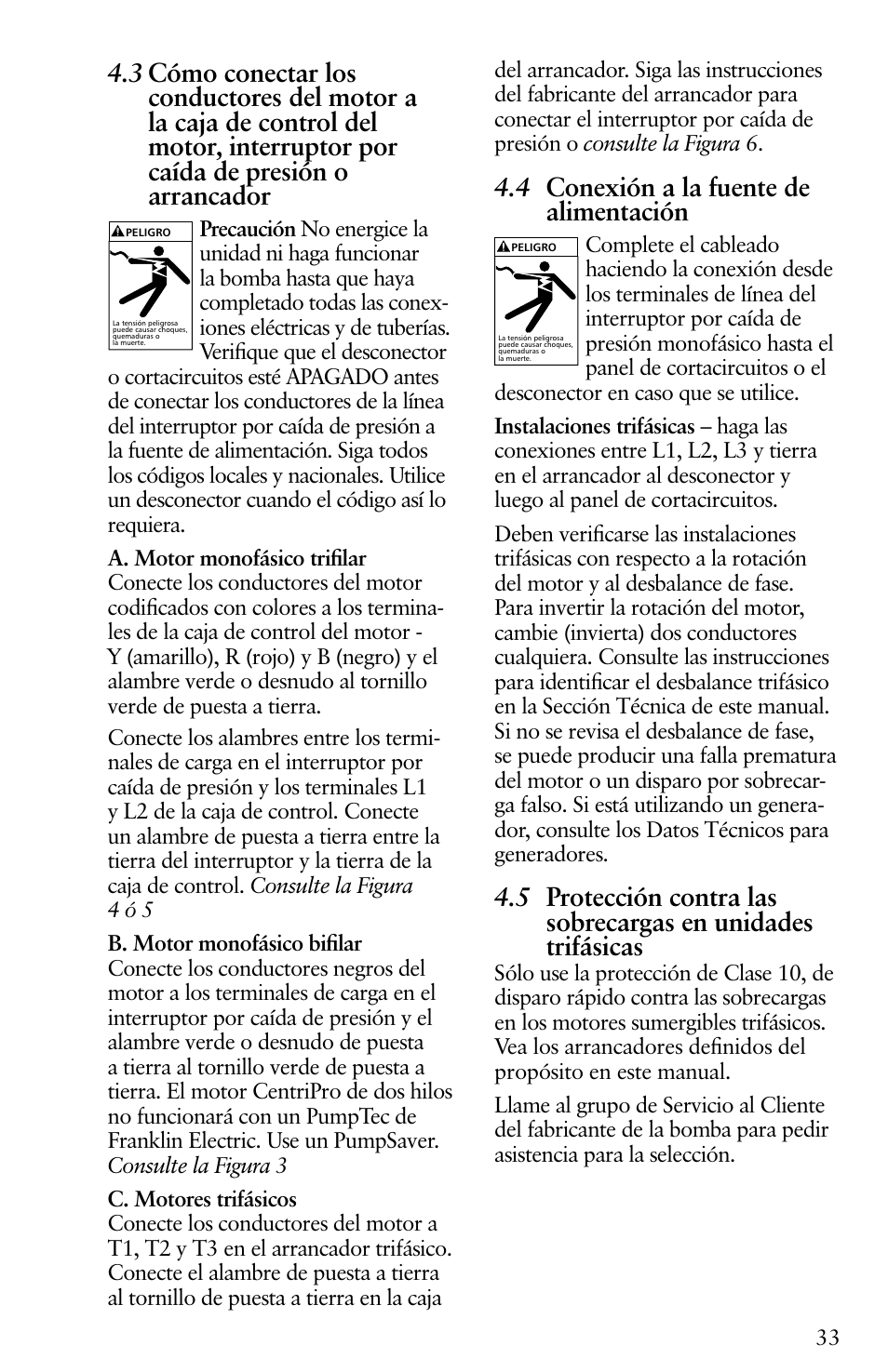 4 conexión a la fuente de alimentación | Xylem IM116 R04 4 Submersible Pumps User Manual | Page 33 / 68