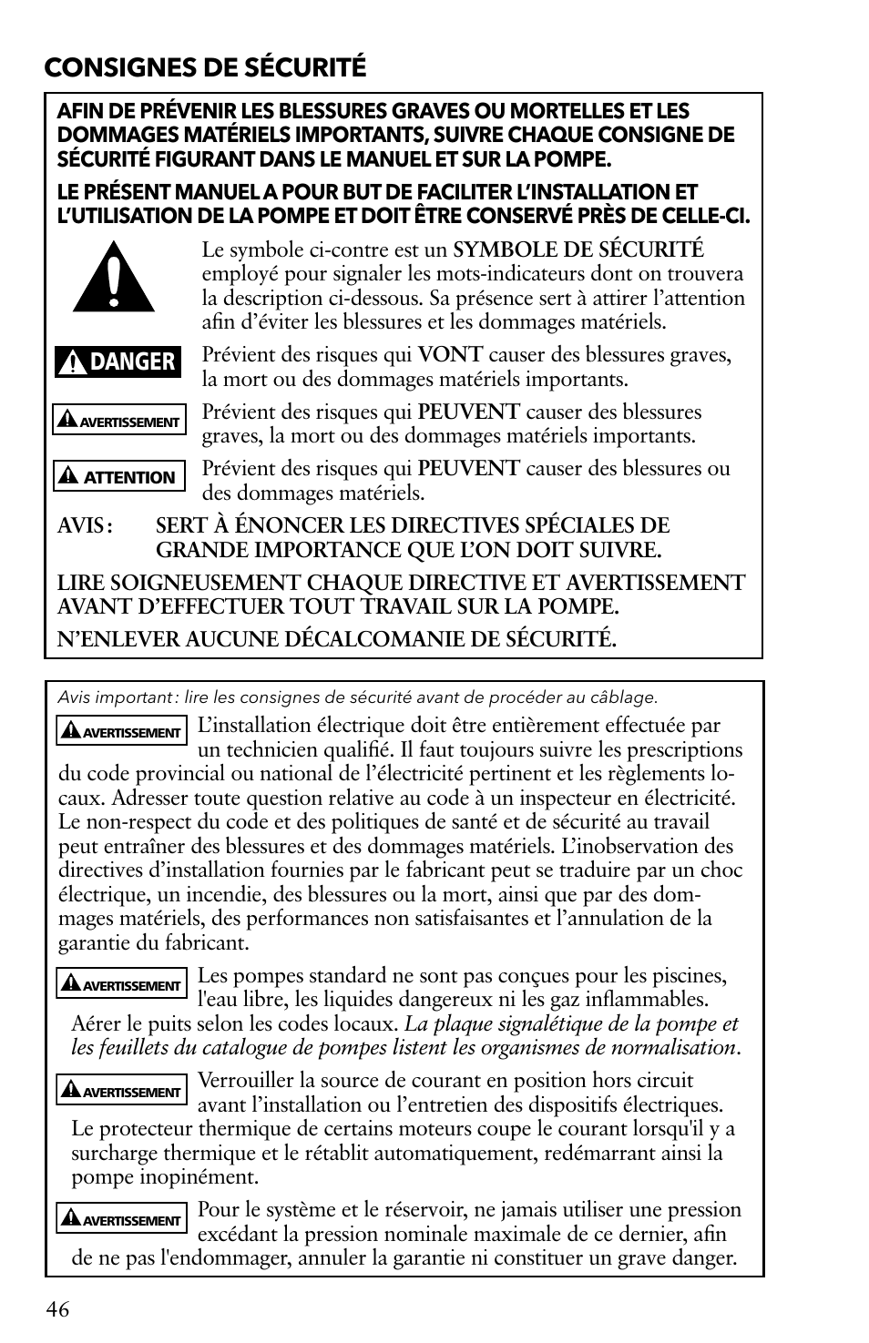 Consignes de sécurité, Danger | Xylem IM116 R04 4 Submersible Pumps User Manual | Page 46 / 68