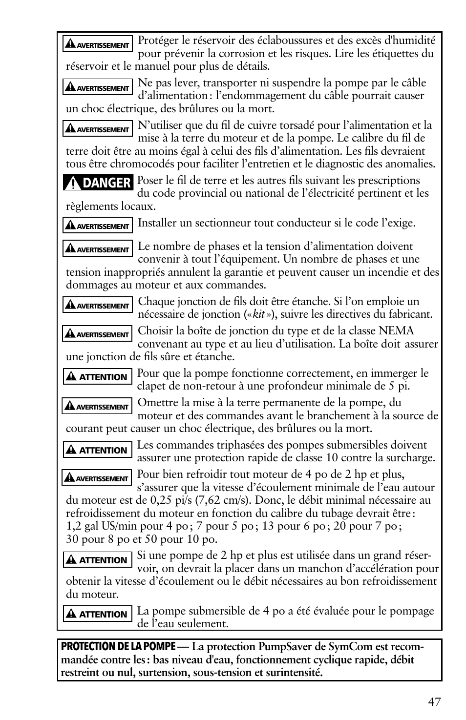 Danger | Xylem IM116 R04 4 Submersible Pumps User Manual | Page 47 / 68