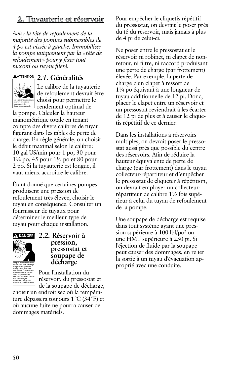 Tuyauterie et réservoir, Généralités | Xylem IM116 R04 4 Submersible Pumps User Manual | Page 50 / 68