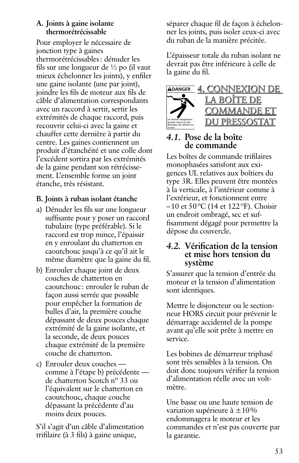 Connexion de la boîte de commande et du pressostat | Xylem IM116 R04 4 Submersible Pumps User Manual | Page 53 / 68