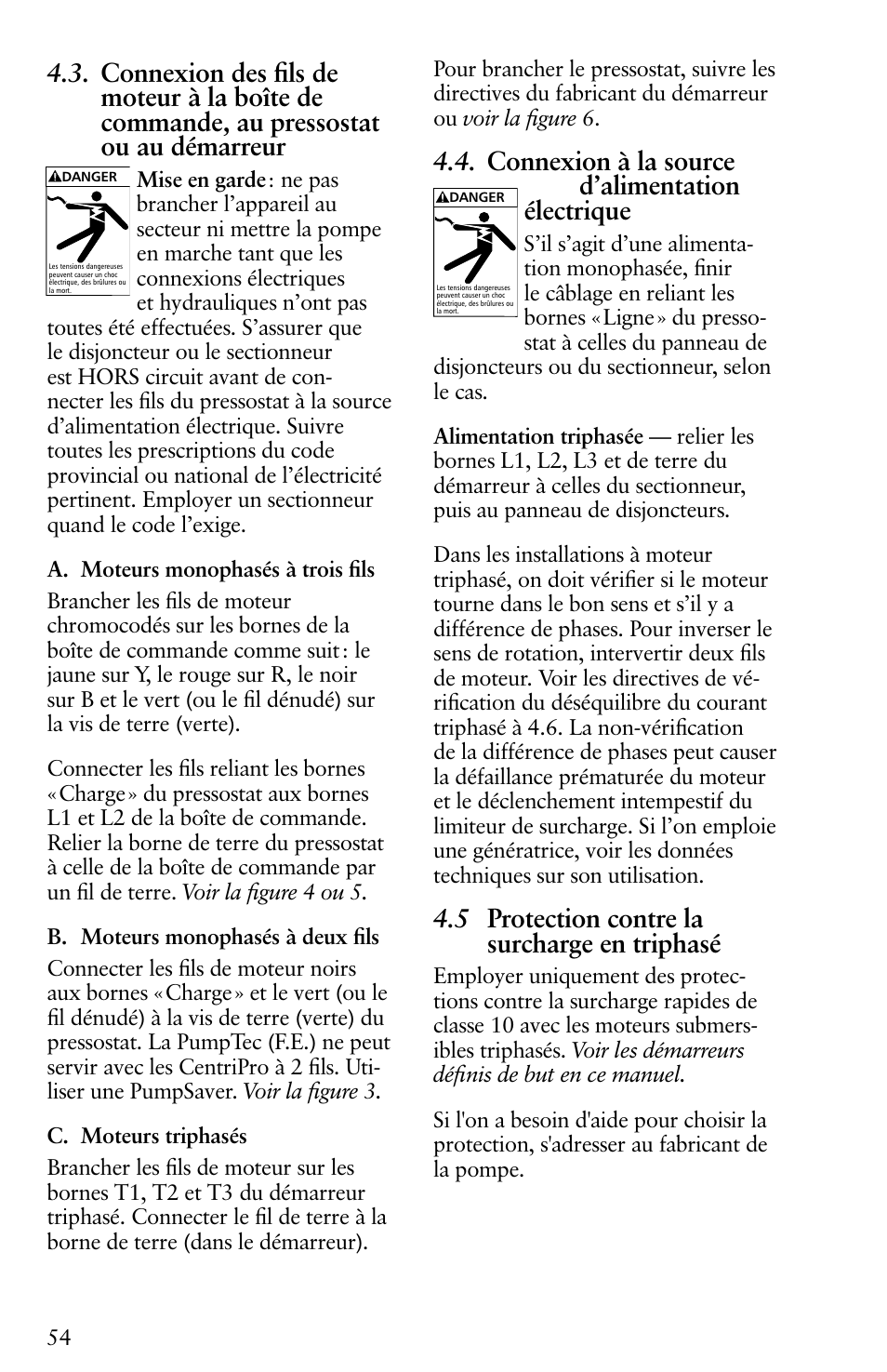 Connexion à la source d’alimentation électrique, 5 protection contre la surcharge en triphasé | Xylem IM116 R04 4 Submersible Pumps User Manual | Page 54 / 68