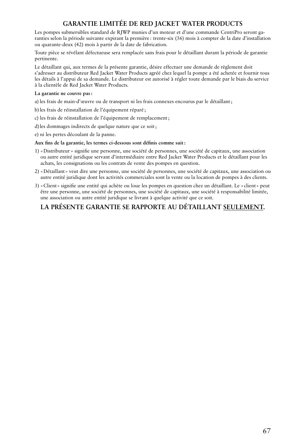 Garantie limitée de red jacket water products | Xylem IM116 R04 4 Submersible Pumps User Manual | Page 67 / 68