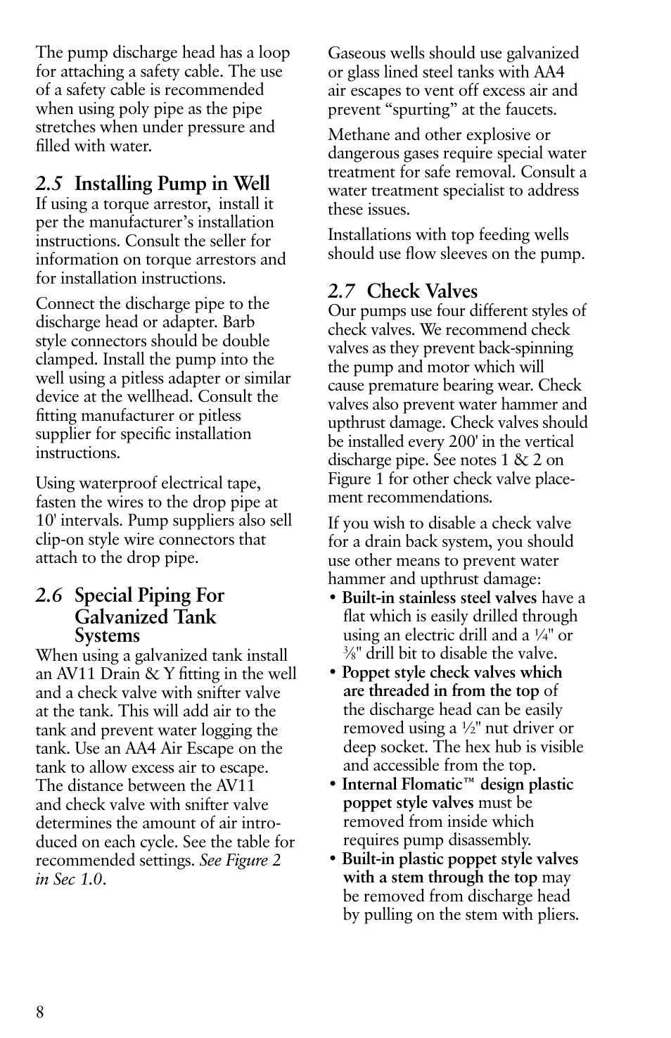 5 installing pump in well, 6 special piping for galvanized tank systems, 7 check valves | Xylem IM116 R04 4 Submersible Pumps User Manual | Page 8 / 68