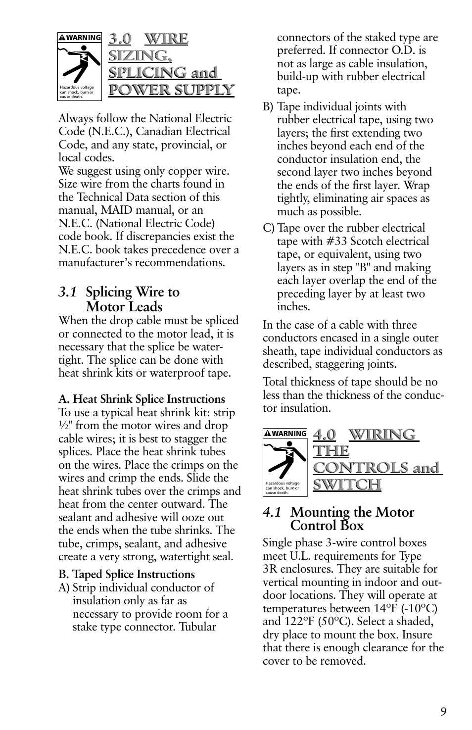 0 wire sizing, splicing and power supply, 1 splicing wire to motor leads, 0 wiring the controls and switch | Xylem IM116 R04 4 Submersible Pumps User Manual | Page 9 / 68