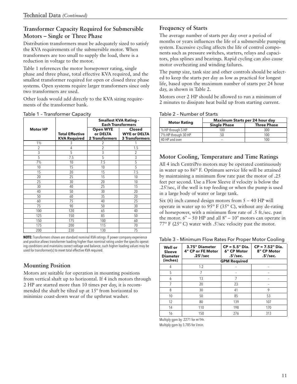 Technical data, Frequency of starts, Mounting position | Motor cooling, temperature and time ratings | Xylem IM117 R01 5 and Larger Submersible Pump User Manual | Page 11 / 48