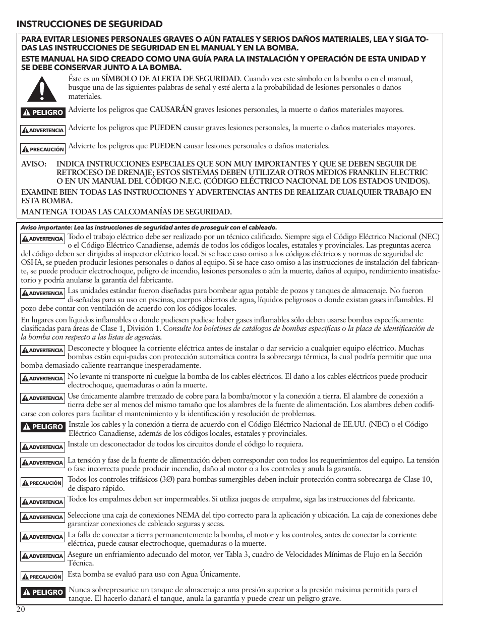 Instrucciones de seguridad | Xylem IM117 R01 5 and Larger Submersible Pump User Manual | Page 20 / 48