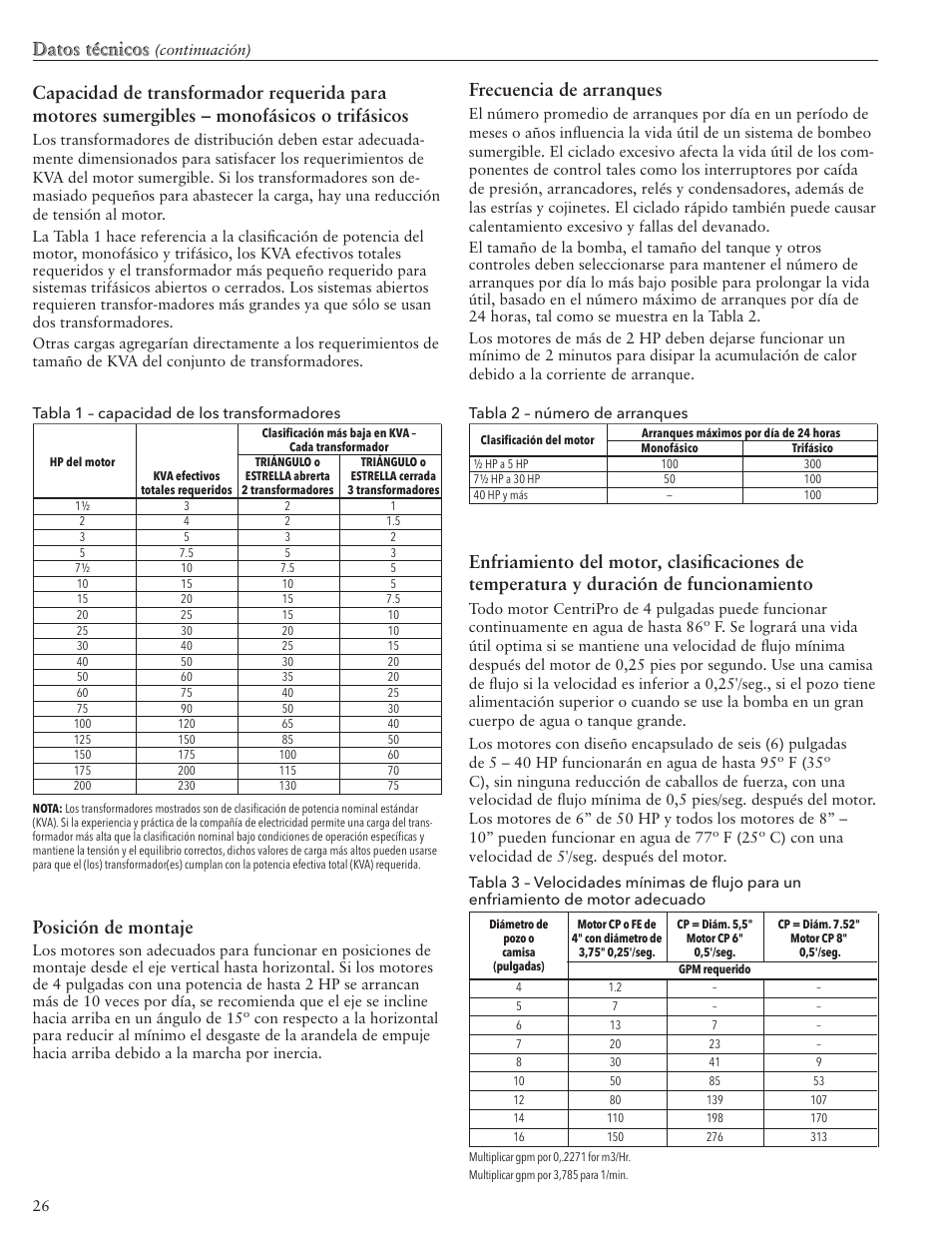 Datos técnicos, Frecuencia de arranques, Datos técnicos posición de montaje | Xylem IM117 R01 5 and Larger Submersible Pump User Manual | Page 26 / 48