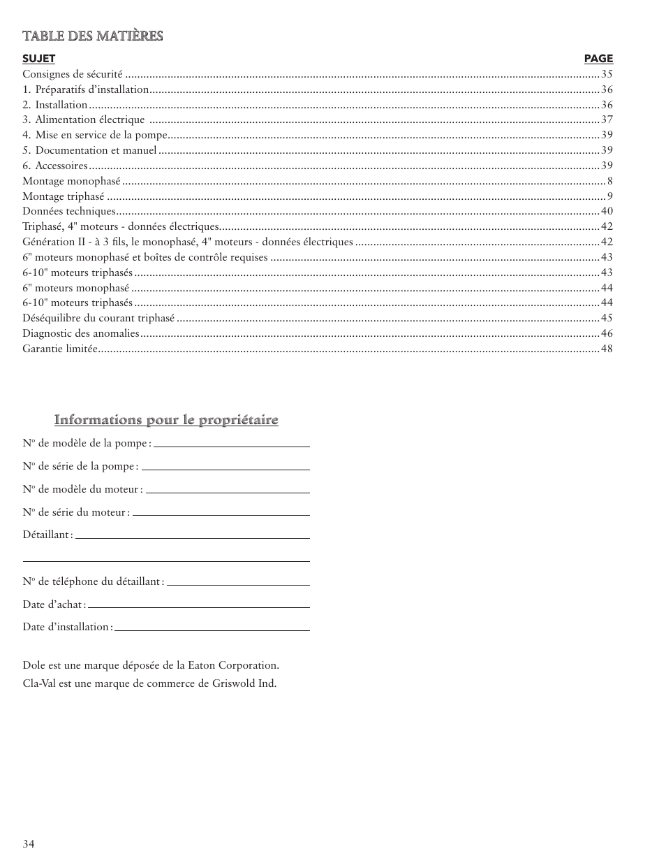 Informations pour le propriétaire | Xylem IM117 R01 5 and Larger Submersible Pump User Manual | Page 34 / 48