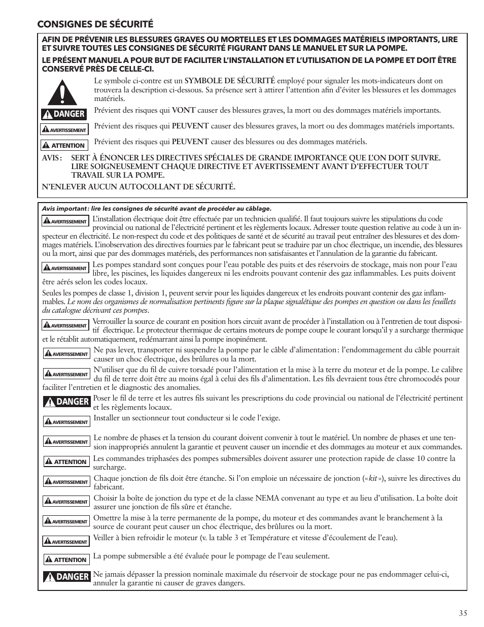 Consignes de sécurité, Danger | Xylem IM117 R01 5 and Larger Submersible Pump User Manual | Page 35 / 48
