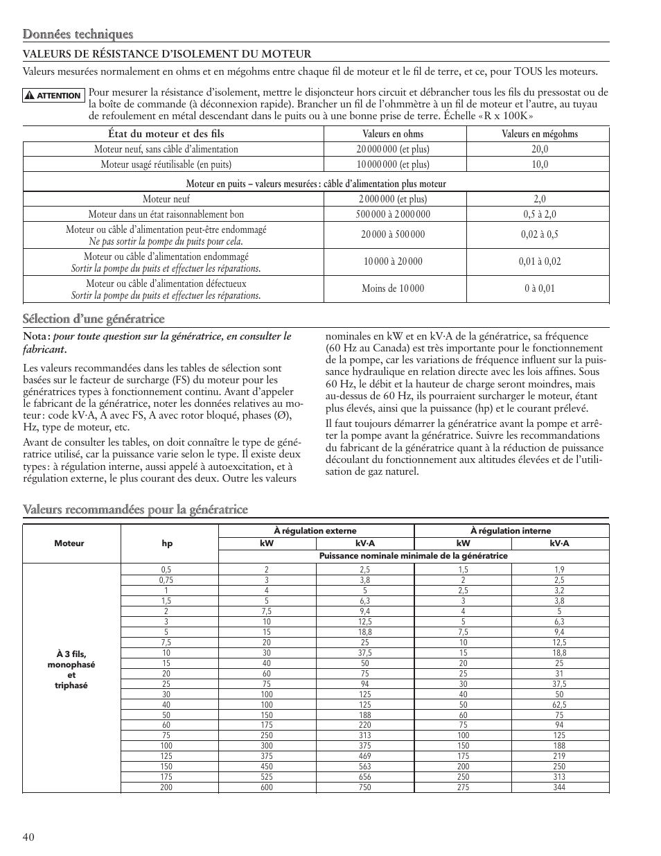 Données techniques, Sélection d’une génératrice, Valeurs recommandées pour la génératrice | Xylem IM117 R01 5 and Larger Submersible Pump User Manual | Page 40 / 48