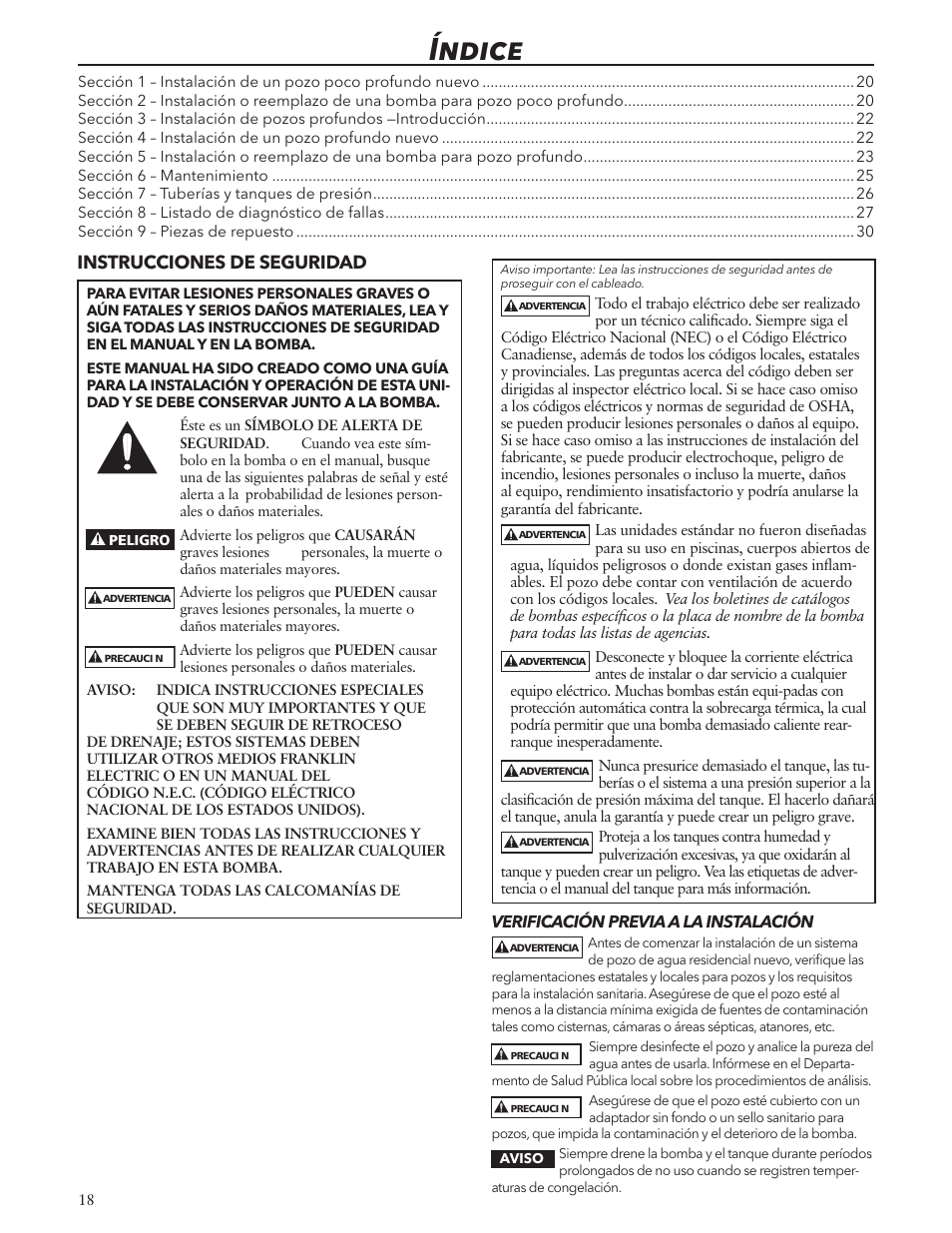 Índice, Instrucciones de seguridad | Xylem IM125 R02 RJA & RJDS Quick Set User Manual | Page 18 / 48