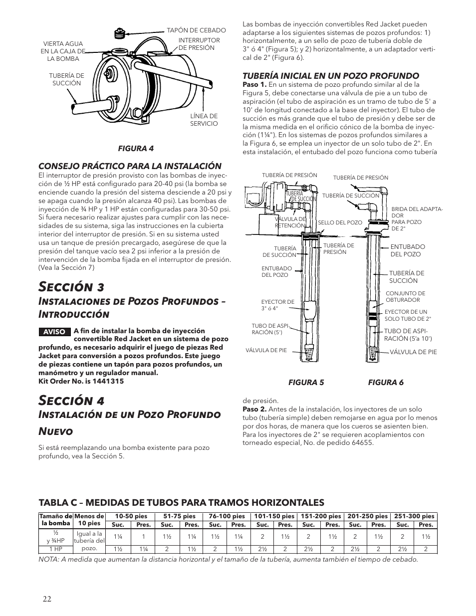 Sección 3, Sección 4, Instalaciones de pozos profundos – introducción | Instalación de un pozo profundo nuevo, Consejo práctico para la instalación, Tubería inicial en un pozo profundo | Xylem IM125 R02 RJA & RJDS Quick Set User Manual | Page 22 / 48