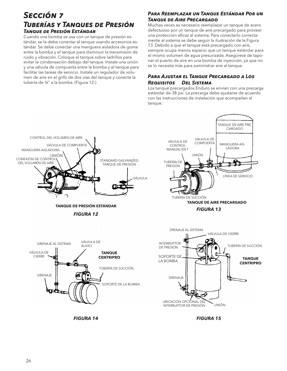 Sección 7, Tuberías y tanques de presión, Tanque de presión estándar | Xylem IM125 R02 RJA & RJDS Quick Set User Manual | Page 26 / 48