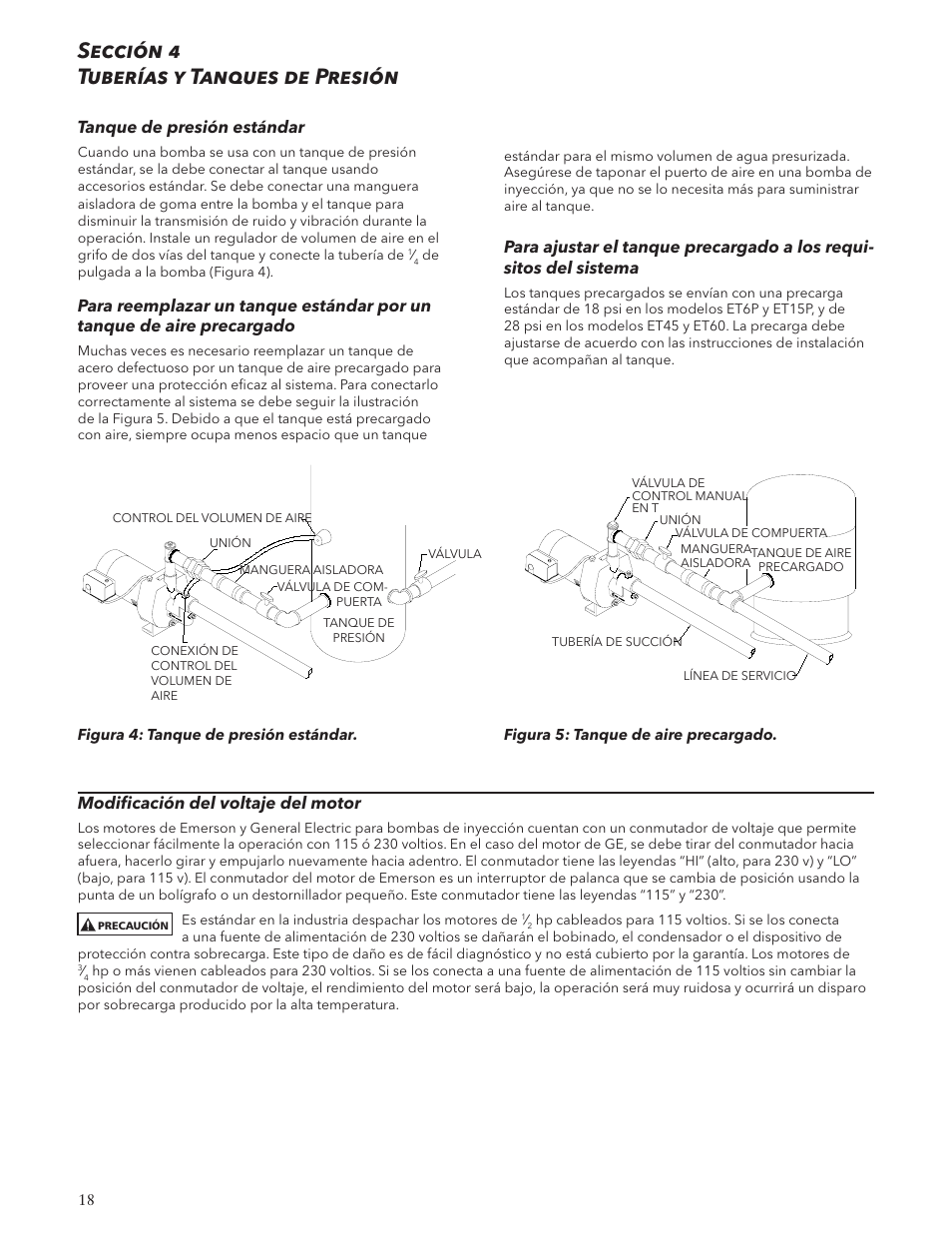 Sección 4 tuberías y tanques de presión, Modificación del voltaje del motor, Tanque de presión estándar | Xylem IM126R02 E-Z Prime Jet Pump Shallow Well Jet Pump User Manual | Page 18 / 36