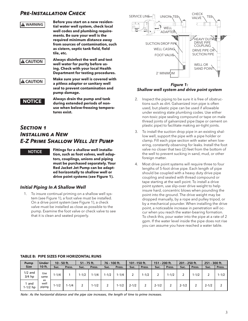 Pre-installation check, Notice, Initial piping in a shallow well | Xylem IM126R02 E-Z Prime Jet Pump Shallow Well Jet Pump User Manual | Page 3 / 36