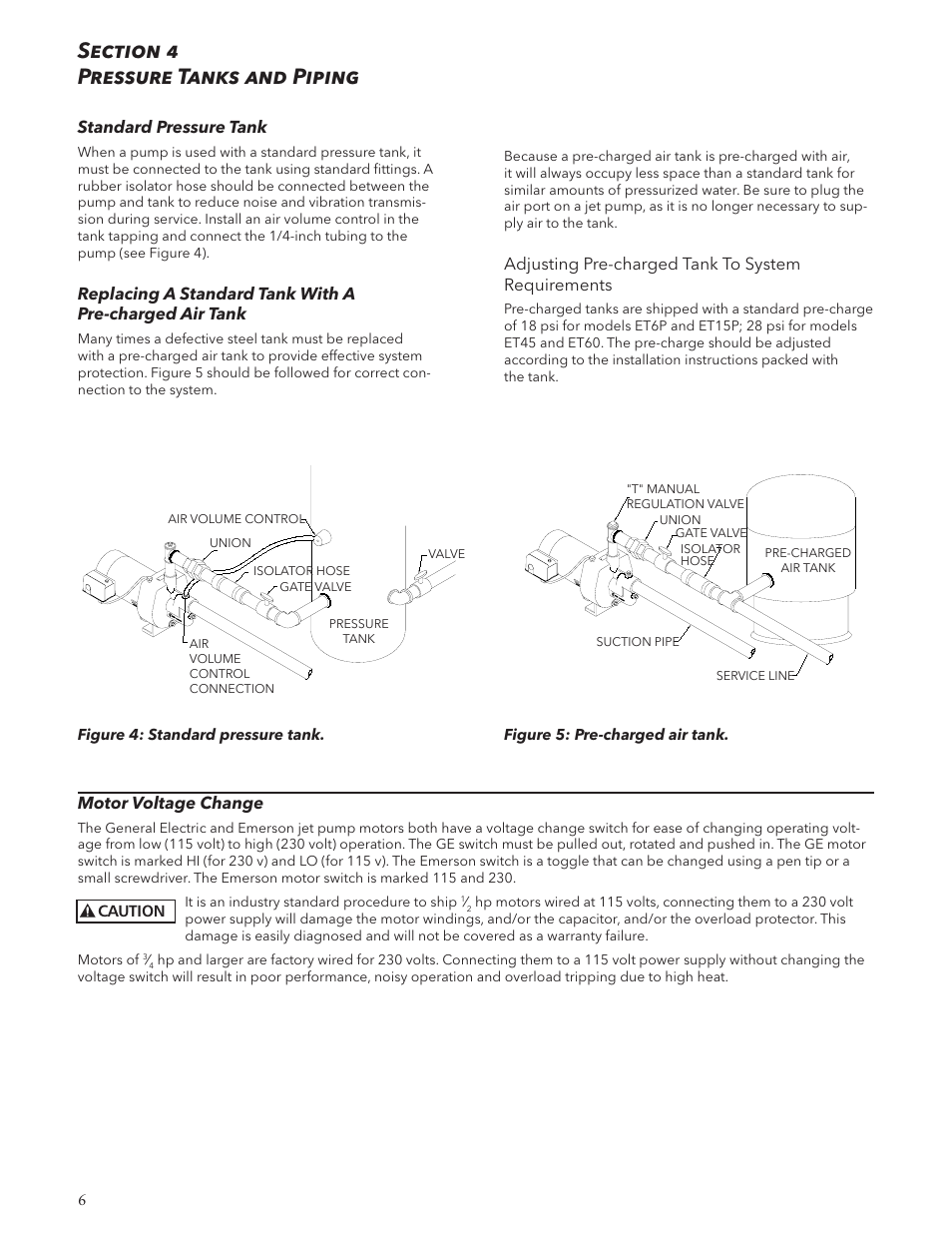 Standard pressure tank, Adjusting pre-charged tank to system requirements, Motor voltage change | Xylem IM126R02 E-Z Prime Jet Pump Shallow Well Jet Pump User Manual | Page 6 / 36