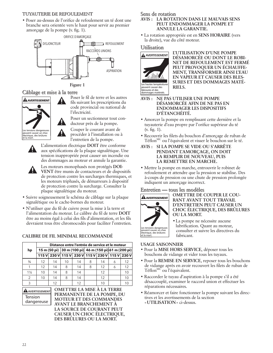 Câblage et mise à la terre, Sens de rotation, Utilisation | Entretien — tous les modèles | Xylem IM132 R02 RSPA (FSPA) & RJSP Self-Priming Centrifugal Pumps User Manual | Page 22 / 28