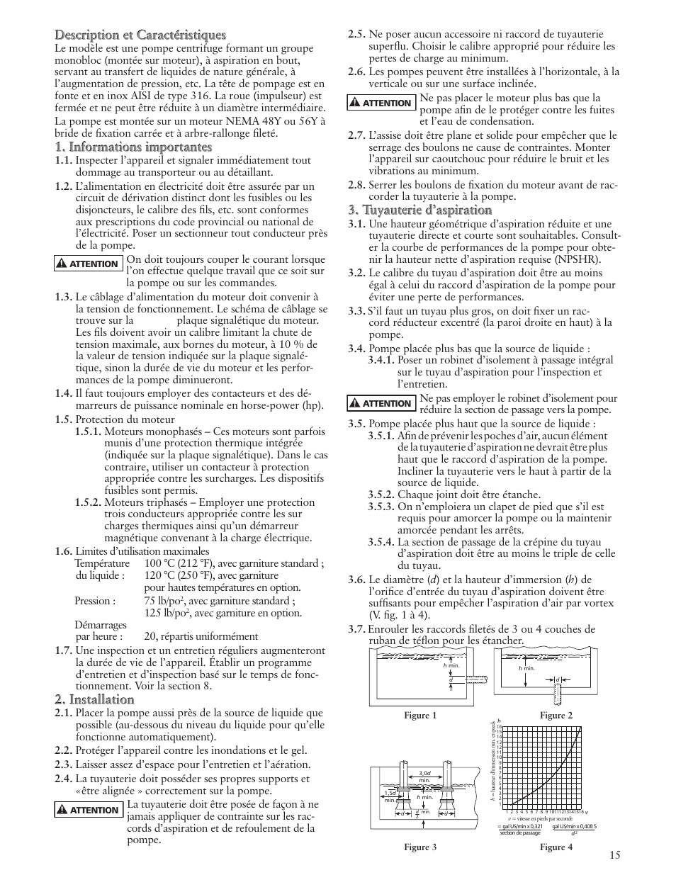 Description et caractéristiques, Informations importantes, Installation | Tuyauterie d’aspiration | Xylem IM136 R01 SM Centrifugal Pump User Manual | Page 15 / 20