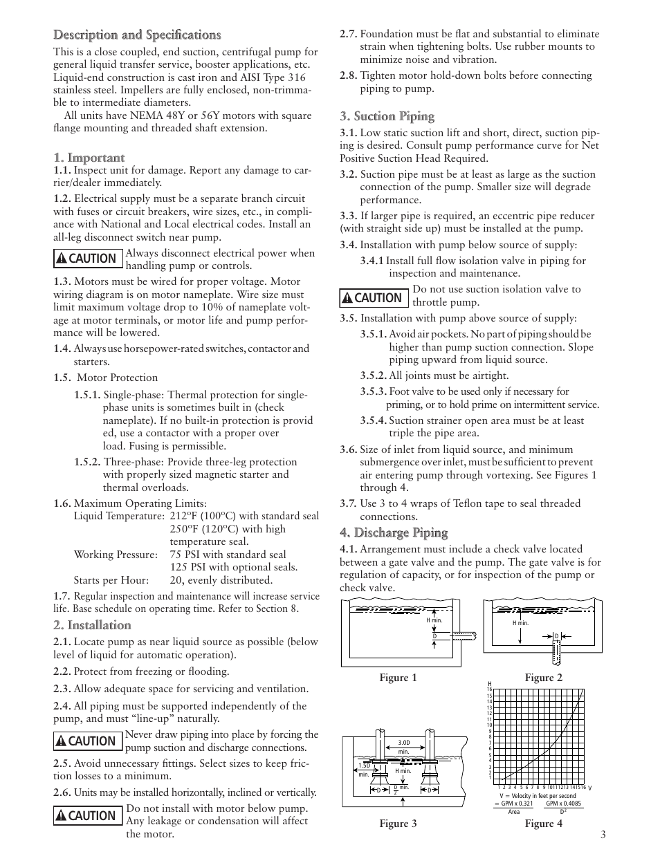 Caution, Description and specifications, Important | Installation, Suction piping, Discharge piping, Description and specifications 1. important | Xylem IM136 R01 SM Centrifugal Pump User Manual | Page 3 / 20