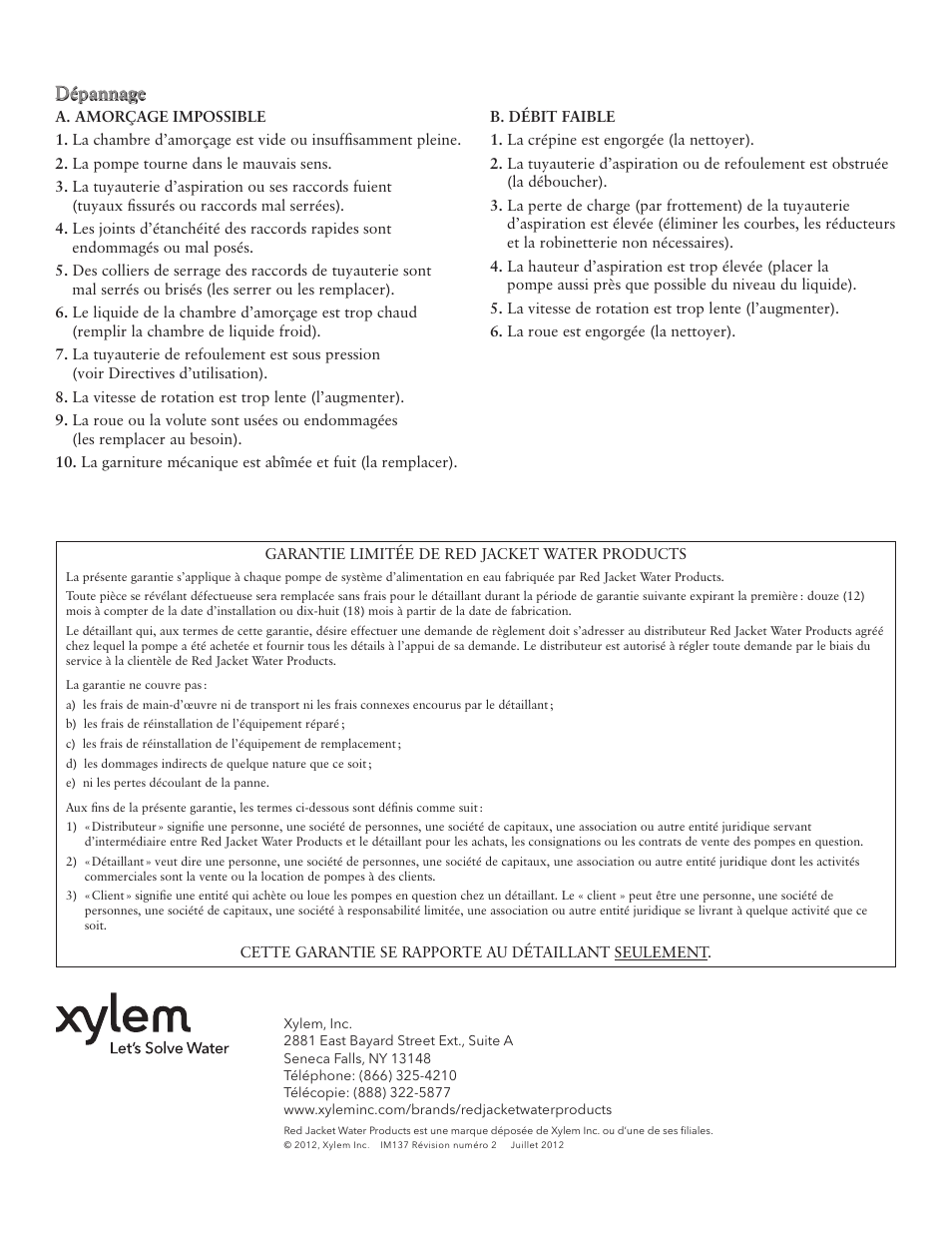 Dépannage | Xylem IM137 R02 GPC Engine Drive Self-Priming Pump User Manual | Page 16 / 16