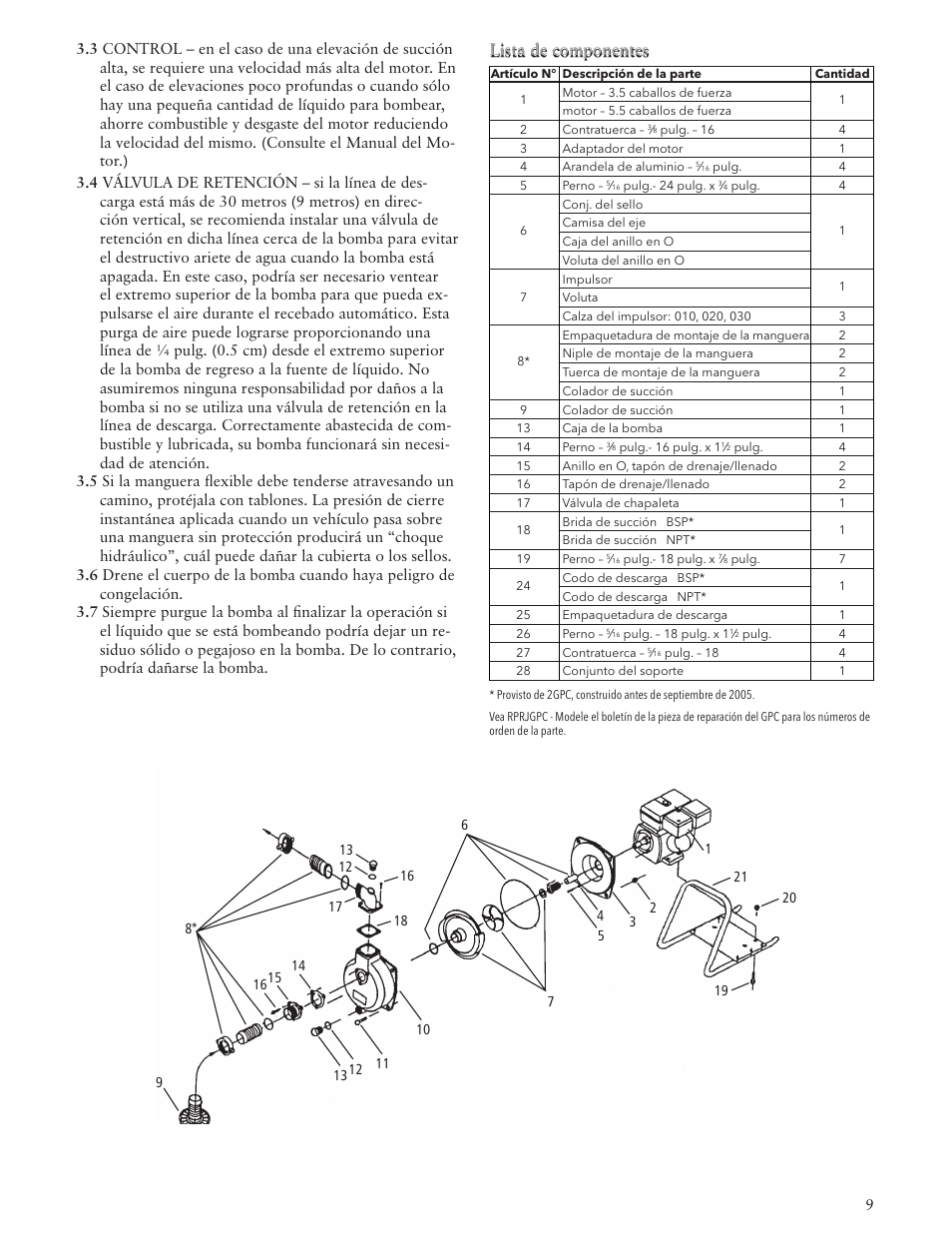 Lista de componentes | Xylem IM137 R02 GPC Engine Drive Self-Priming Pump User Manual | Page 9 / 16