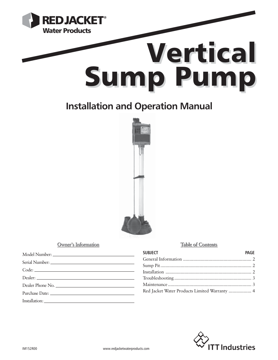Xylem IM152R0 Vertical Sump Pump (OBSOLETE) User Manual | 12 pages