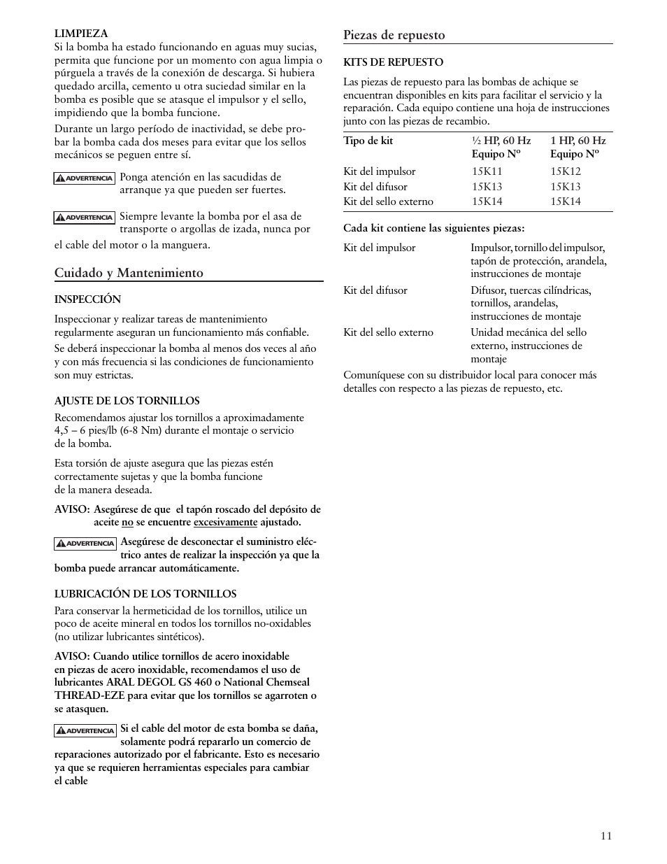 Xylem IM162 R03 Dewatering Pumps Contractor Dewatering Pump User Manual | Page 11 / 20